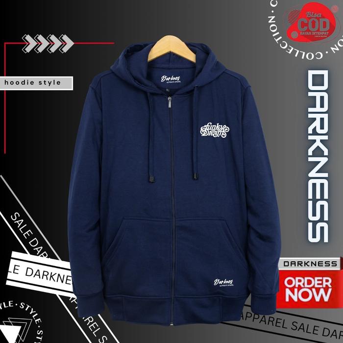 sweater zipper pria dan wanita warna navy sablon simple FUNKY jacket outdoor sleting kekinian bahan 