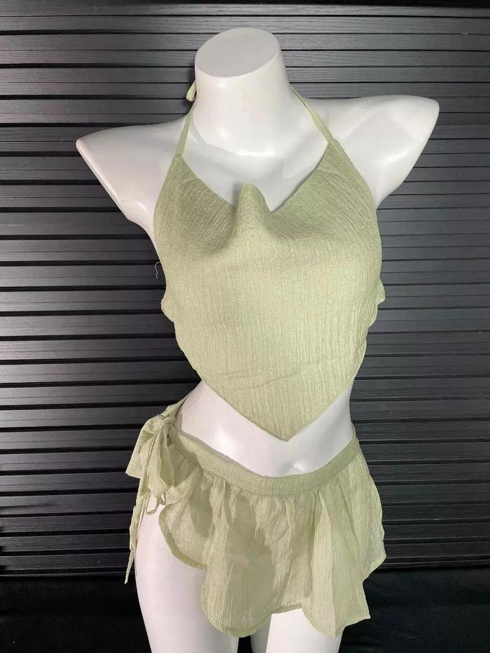 Lingerie Set Crop Top Nylon Transparan Wanita Dewasa Baju Tidur Malam Outfit Liburan Sexy