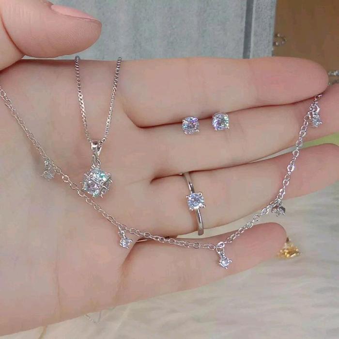 silver titanium SET PERHIASAN DEWASA BERMATA SATU / PUTIH kalung gelang 1 anti karat dan asli giwang