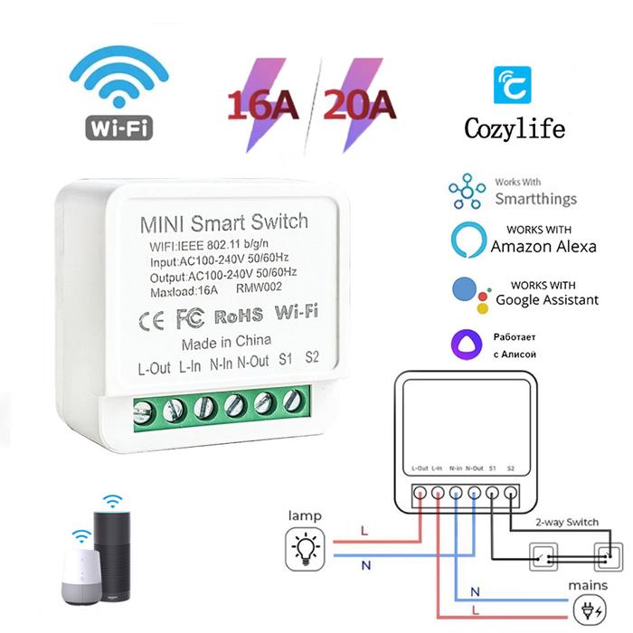 16A 20A Smart WiFi Wireless Switch Module Breaker Relay 2-way Control APP Remote Control AC100-240V