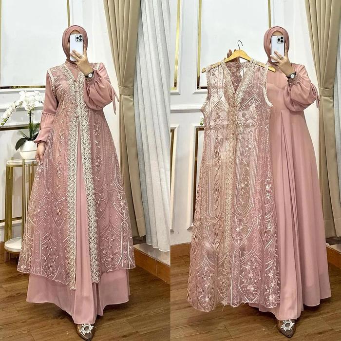 Dress Muslim Wanita Dewasa Bahan Ceruty Terbaru Gaun Panjang Lebaran Dengan Outer Terpisah Terbaru