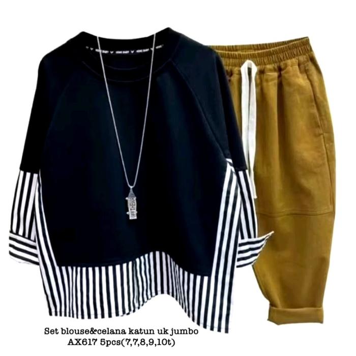 AX617 SET BLOUSE HITAM DAN CELANA JEANS JUMBO