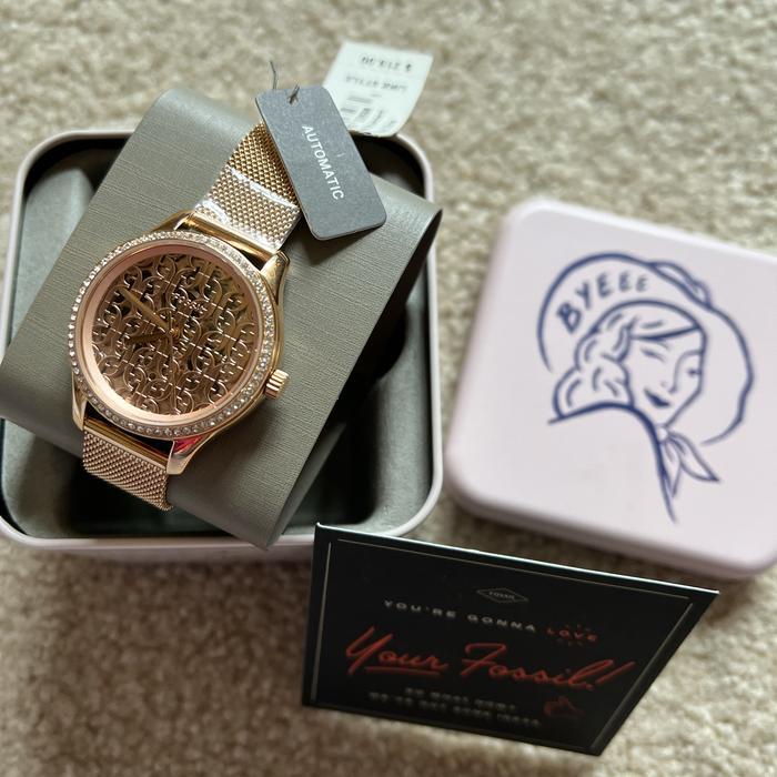 New In Tin Box Jam Fossil Auto Stainless Rose Gold BQ3713 Authentic