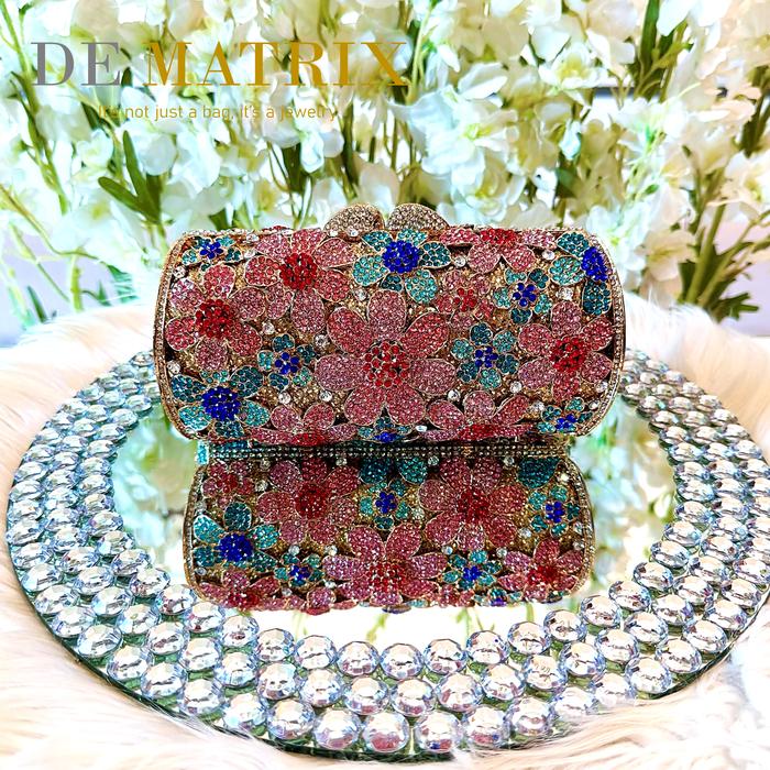 Tas Pesta Wanita Party Clutch Crystal kristal Pink Biru Merah Muda Blue Gold Emas Navy flower bunga 