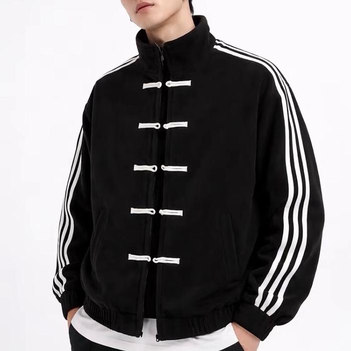 GAFFI.store17 Cheongsam Jacket Bahan Fleece Casual Strip Jaket Imlek Chinese Unisex Hitam Zipper Teb