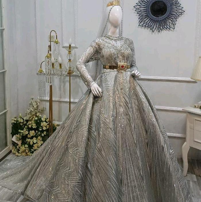 Ball gown mewah gradasi murah silver