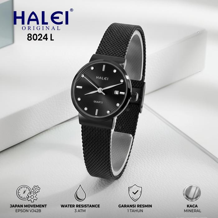 HALEI 8024L Original Jam Tangan Wanita – Elegan, Mesh Stainless Steel, Anti Air, Date Display, Berga
