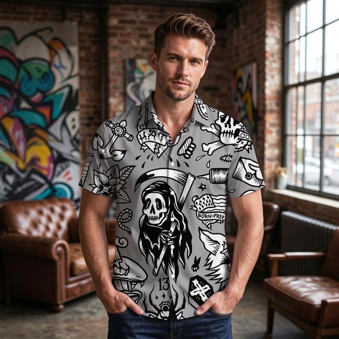 Kemeja Pria Pendek Motif Sketsa Seni Tato Vintage 3D Full Print, Kemeja Kasual Pria Desain Keren Ka