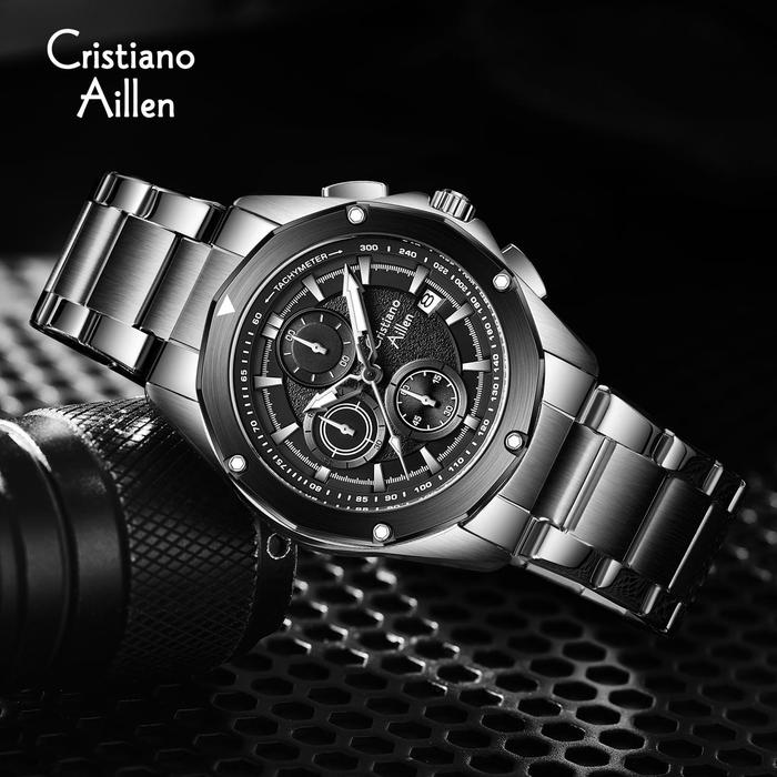 Cristiano Aillen Jam Tangan Pria Analog 8899 Rantai Stainless Steel Chronograph Kaca Sapphire Water 