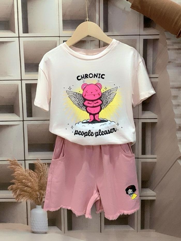 [KIDSFASHIONKOLEKSI] Setelan Kaos PinkBear Sayap Anak Perempuan import