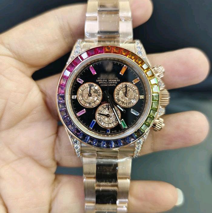 Jam Tangan Pria lRolex Daytona 18K Real Rose Gold 40mm Black Dial Rainbow Diamond Bezzel NFC Max Oys