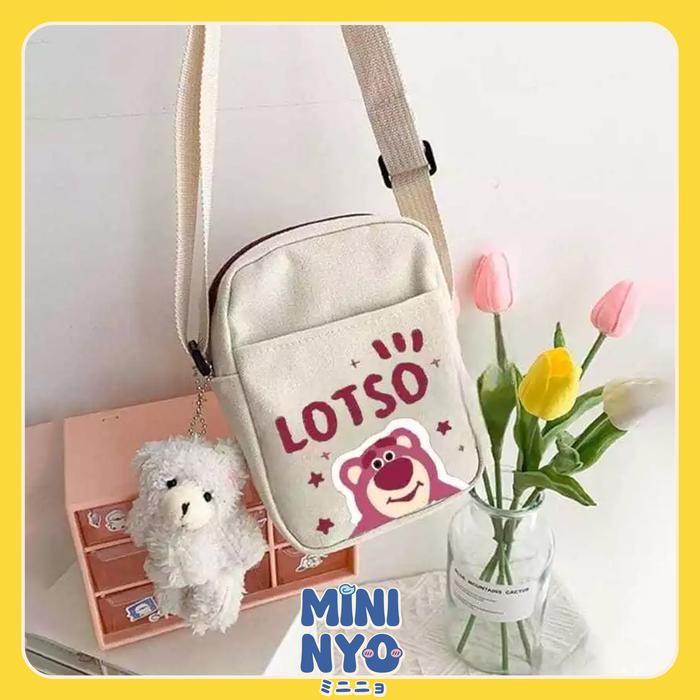 MININYO Sling Bag Cute Lotso Disney Tas Selempang Mini Wanita Fashion Anak Lucu Kanvas Motif Kartun 