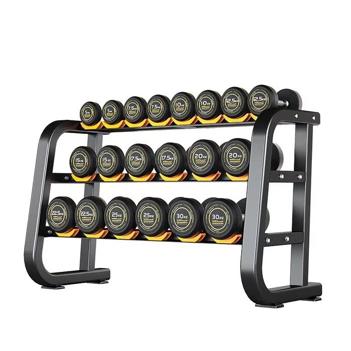 Rubber Steel Dumbbell Round Head Commercial Gym Equipment Dumbbell Set Three Layer Dumbbell Rack Che