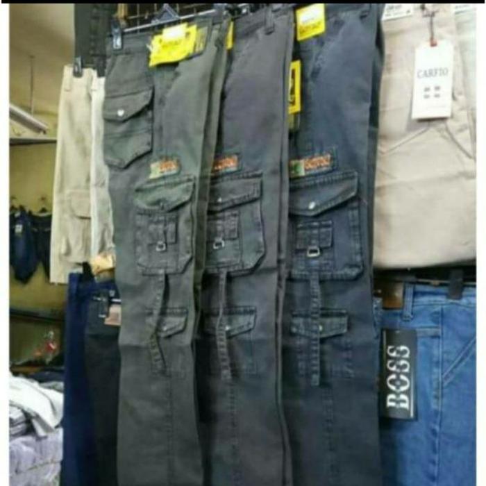 Celana Panjang Jeans Cargo/Kempol Pria Polos dan Doreng 27-38