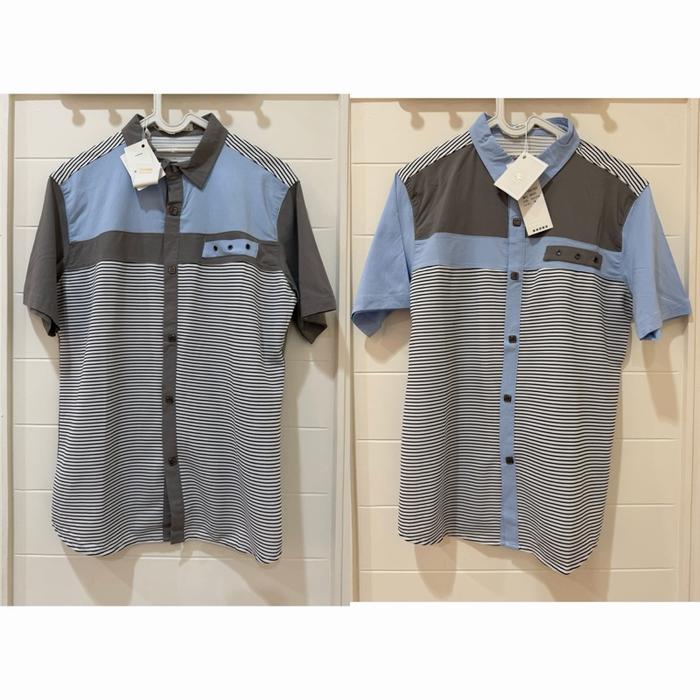 Baju kemeja import salur stripes pria lengan pendek merk NXNITROX Sky Blue bahan stretch