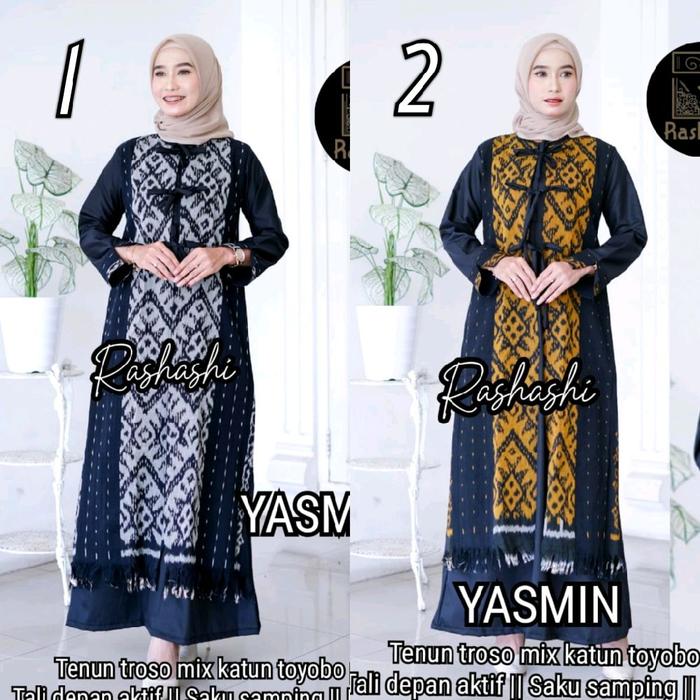 Yasmin gamis lebaran terbaru dari Rashashi bahan tenun troso mix katun toyobo premium resleting depa