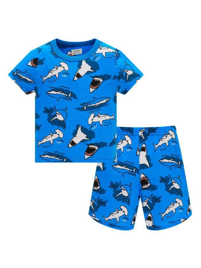 Boys 100%Cotton Pajama Set Cartoon Shark Full Print Lightweight Breathable Summer Pjs Shorts Set for