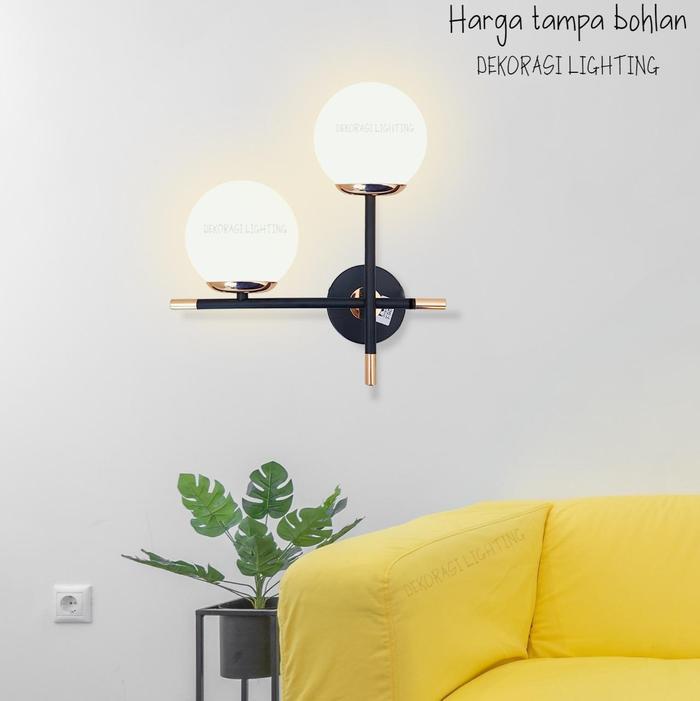 Lampu dinding kaca minimalis modern 2lampu hitam +gold ruang tamu