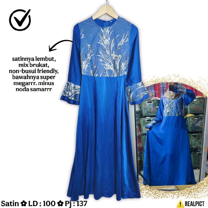 Gamis Satin Brukat Size M Birel Mayung Mewah Pesta Megar Lebar Premium Lembut Silk Mix Brokat Mewah 
