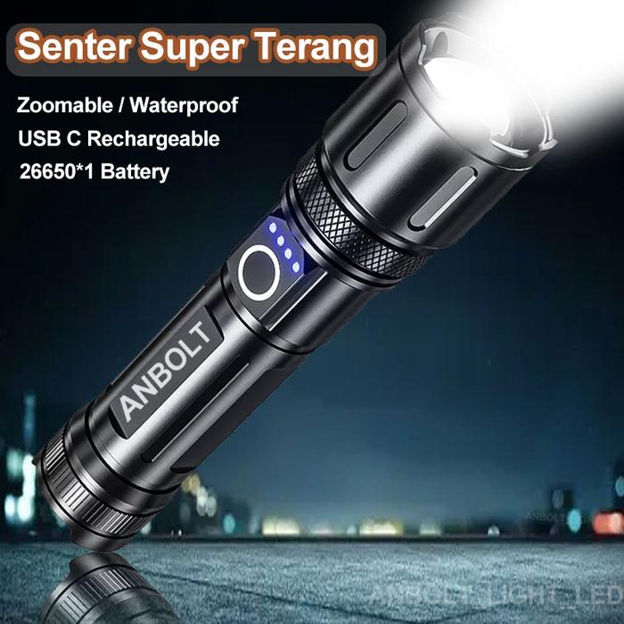 Anbolt Senter LED Super Terang Jarak Jauh Anti Air Senter LED 90000 Lumens Original USB-C Rechargeab