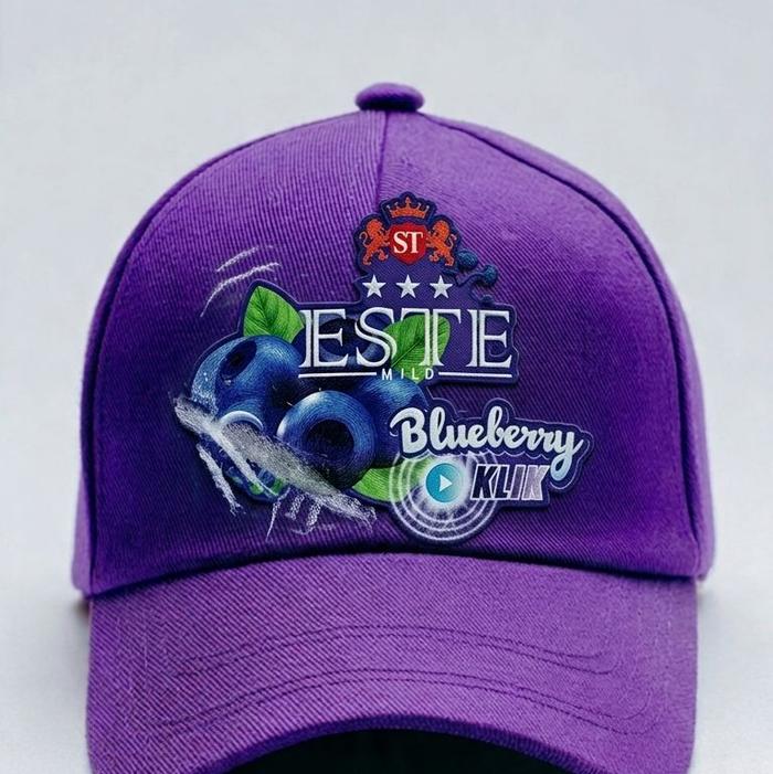 Topi gambar Blueberry clk Warna Ungu dengan Desain Buah Blueberry dan Logo Estie murmer bahan polies