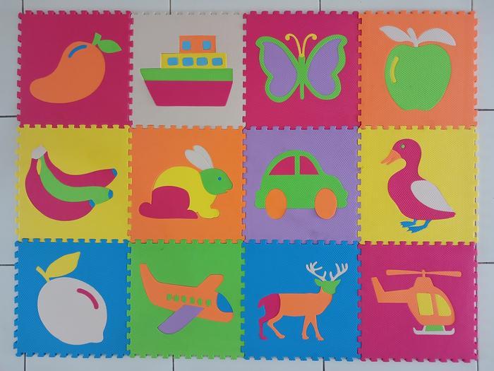 Matras Puzzle Alas lantai Bermain Bayi Karakter Hewan Buah Tranportasi