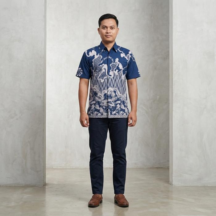 Kemeja batik pria lengan pendek Qistina batik bahan katun halus lapisan furing asahi warna biru puti
