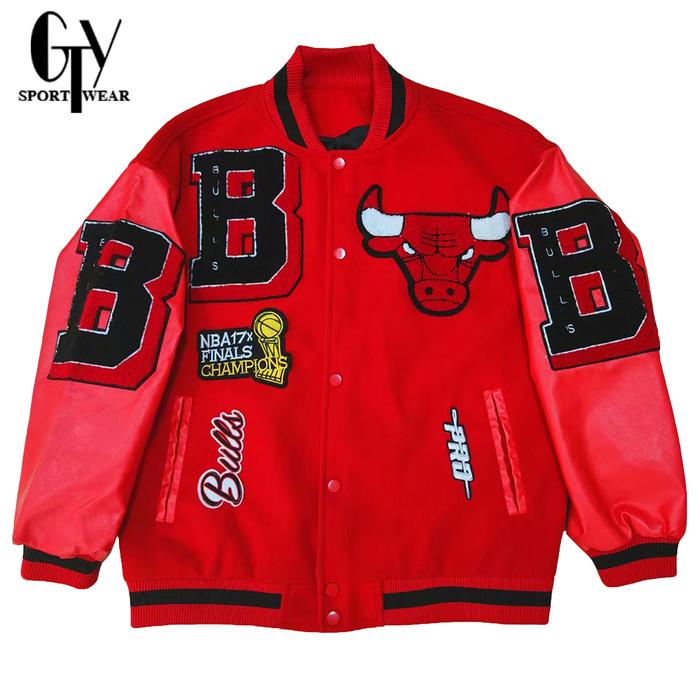 Jaket Vintage Varsity Baseball Chicago Bulls Full Bordir Premium Coat Dengan Kancing Pria  kulit Lon