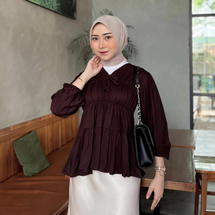 Mireya Blouse Kerut Dada Lengan Panjang Bahan Rayon Atasan Wanita Terbaru By Cavella Wear
