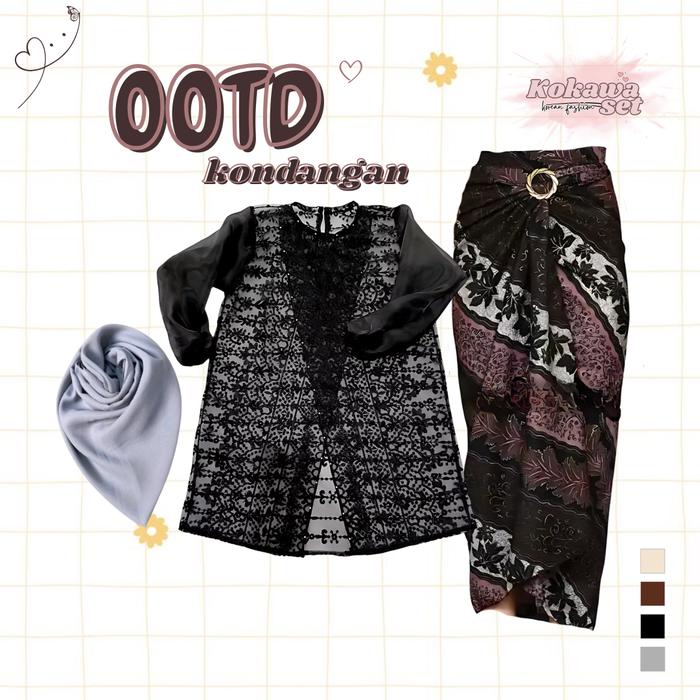 One set 3in1 atasan outer brukat rok lilit batik jilbab bella abu | perempuan wanita cewek ootd hija