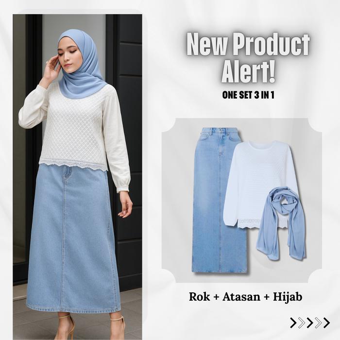 Theana Set 3 in 1 One Set Muslim Wanita | Set Rok Jeans + Blouse Bordir Katun Elegan | Outfit Anggun