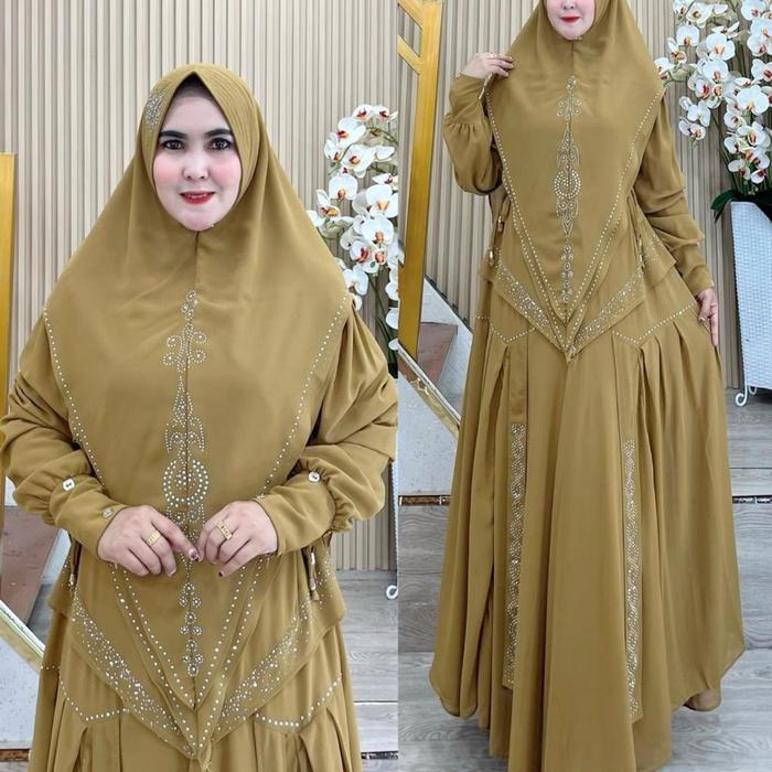 Gamis Syar'i Rempel V Jumbo LD 125-130cm Set Hijab dengan tangan balon Elegan dan Kualitas Terbaik