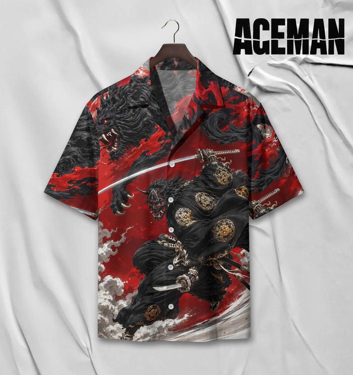 AGEMAN Kemeja Hawaii Fullprint Motif Dark Samurai Oni Mask & Black Wolf Merah Hitam