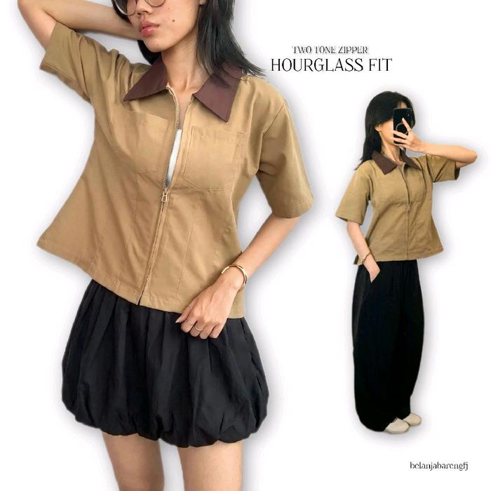 TWO TONE KEMEJA / TWO TONE JAKET ZIPPER LENGAN PENDEK WANITA / KEMEJA KERAH COKLAT WANITA / KEMEJA T