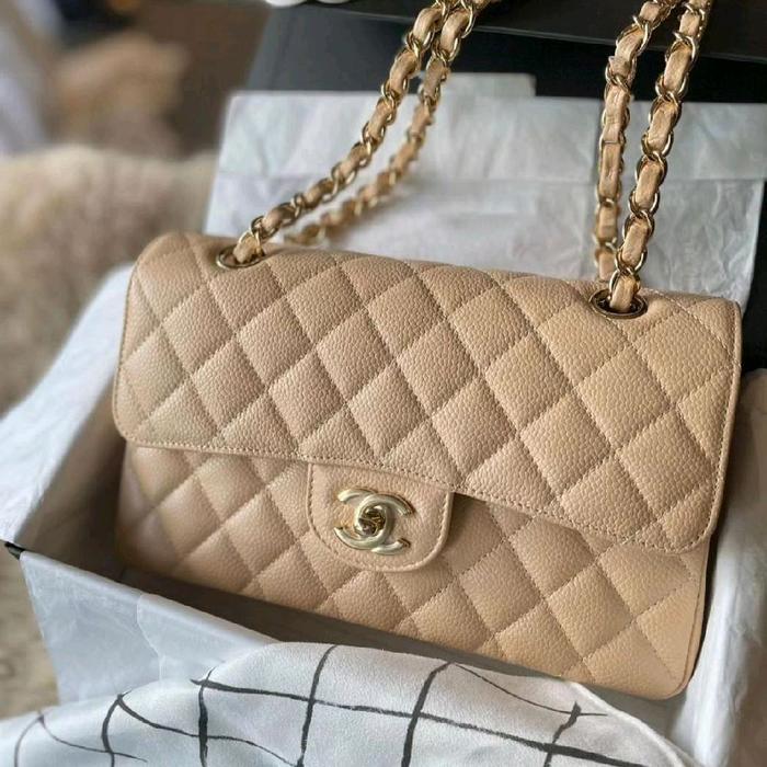AUTHENTIC CHANEL CLASSIC SMALL CAVIAR BEIGE GHW PRELOVED