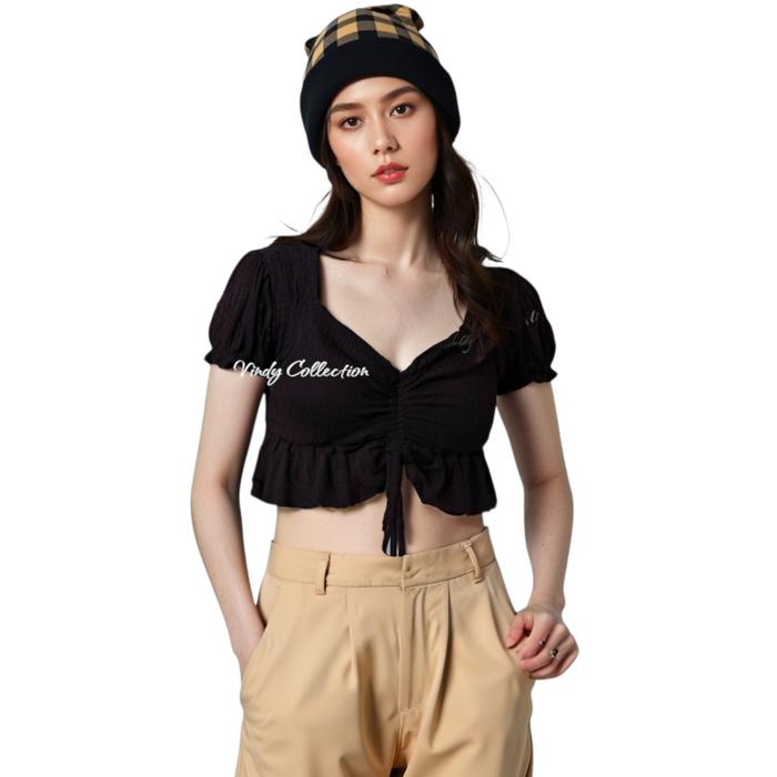 CROP BLOUSE KERUT PINGGANG IMPORT BANGKOK (ld 70-90cm) Nyaman Top Wanita Draped Brown Blouses & Sh