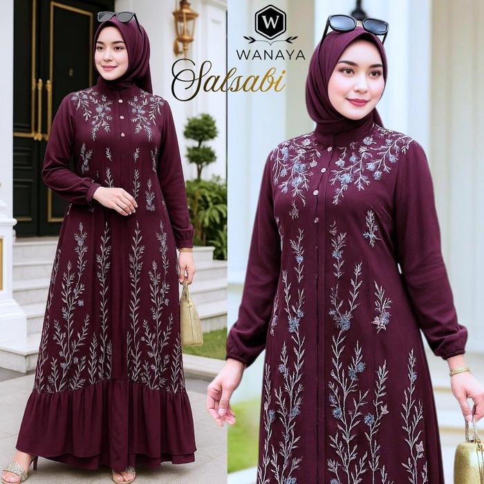 Salsabi Gamis Wanita Muslimah Modis Terbaru Bahan Ceruty Babydoll Mix Brukat Motif Random Estetis Bu