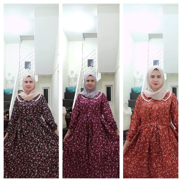 gamis katun canda leher kerah motif bunga kecil