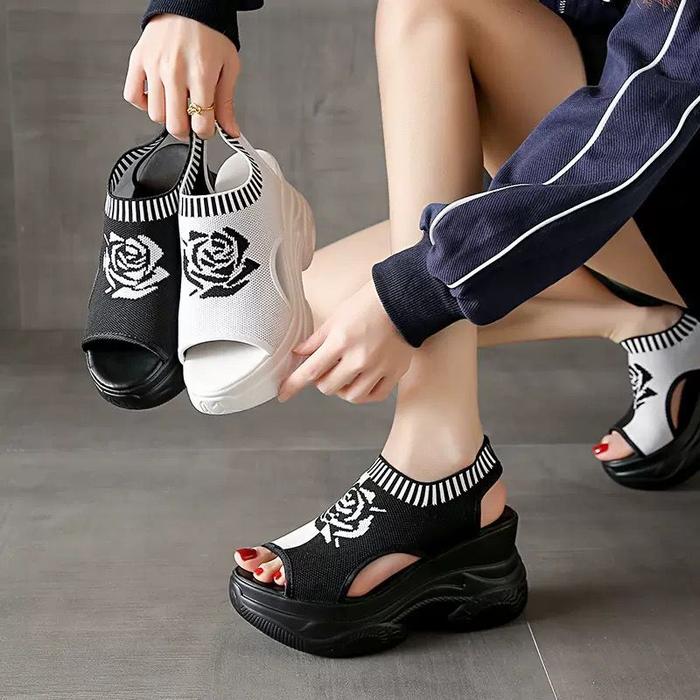 TOP Wedges sandals Rose Flower tINGGI 9Cm Sandal Wanita Casual Black White Fashion Korea WG8077