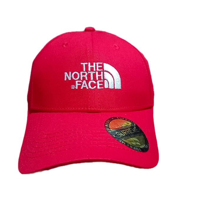 Topi Baseball Merah dengan Logo Putih bordir dan Stiker Supreme