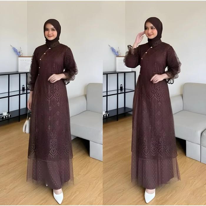 Mahira Dress Gamis Kondangan Model Brukat Premium Wanita Terbaru Mewah Elegant Bahan Velvet kombinas