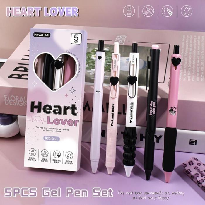 5pcs Set Pulpen Gel Lucu Heart Pen Kawaii Aesthetic Tinta Hitam