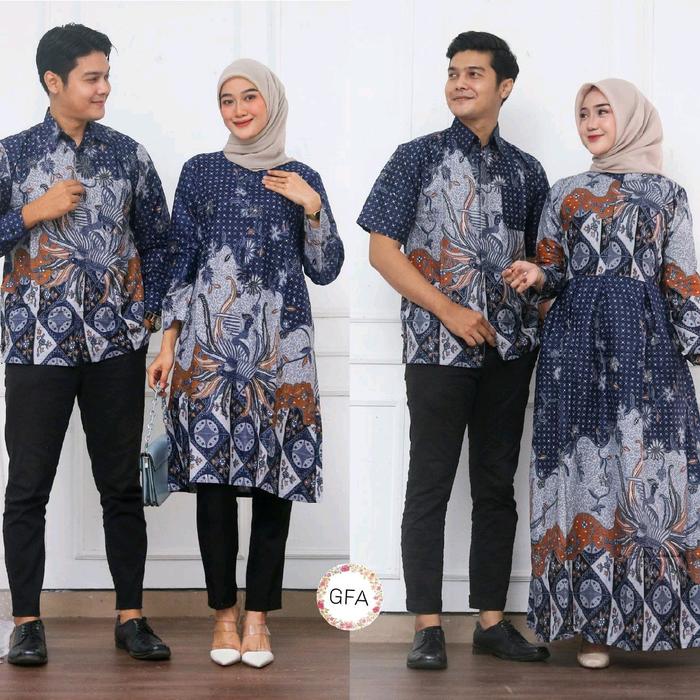 Batik Couple Atasan Tunik Saku Rits Depan dan Kemeja Pria Lengan Panjang Hem Batik Kemeja Pria Lenga