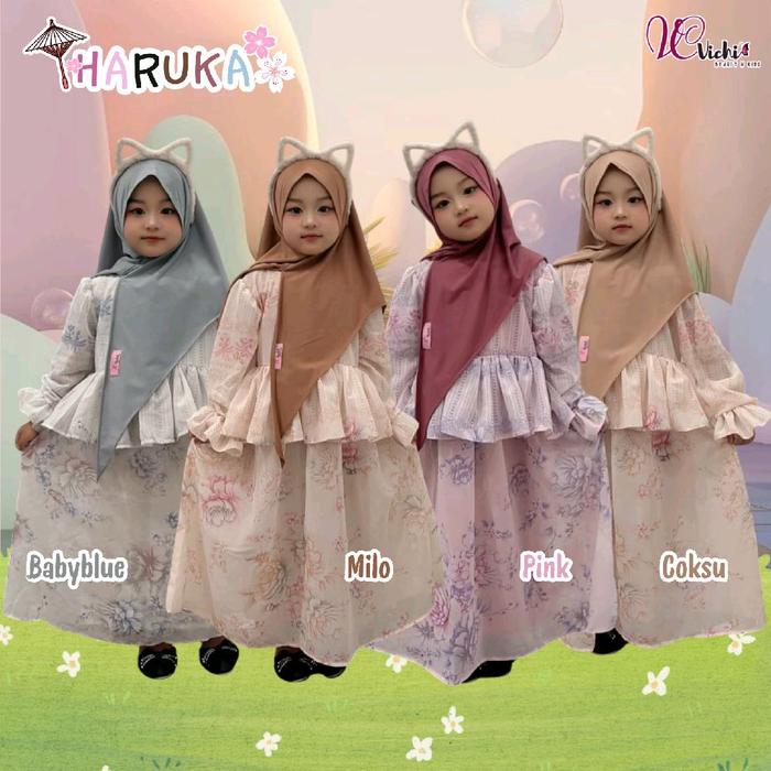 Gamis anak alina , haruka & kanaya set hijab 1-10tahun  susun motif polka ori By vichi muslimah