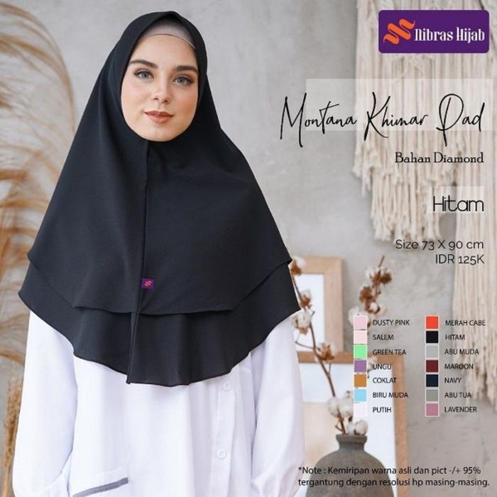 New Nibras Hijab Montana Khimar Pad Bahan Diamond Hitam Double Layer Size 73x90 cm Syari Layer Diamo