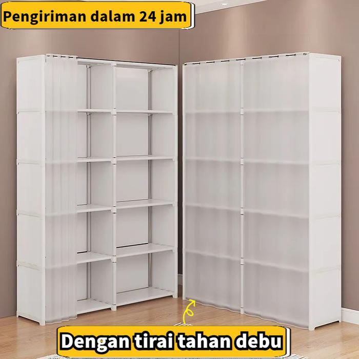 [Pengiriman Cepat][Dengan Tirai Anti Debu] Rak Penyimpanan Rak Buku Kamar Tidur Multi-Lapis Lemari D