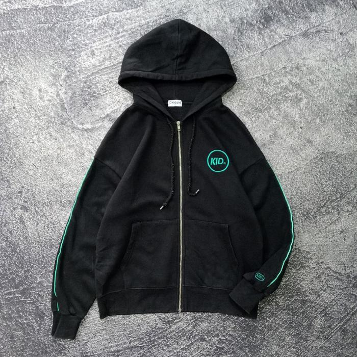 Jaket Hoodie pria zipper OKIDOKI small logo bordir stripe hitam casual murah size xl