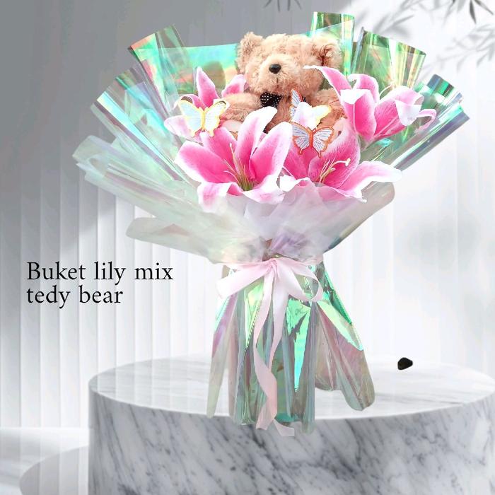 Buket bunga lily artificial mix tedy bear