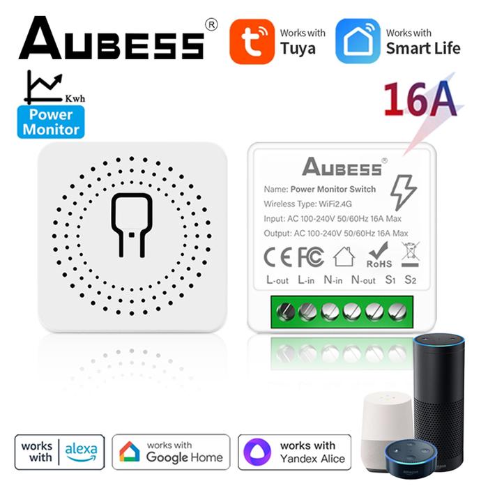 AUBESS Tuya WiFi MiNi Smart Switch With Energy Monitor 16A 2-way