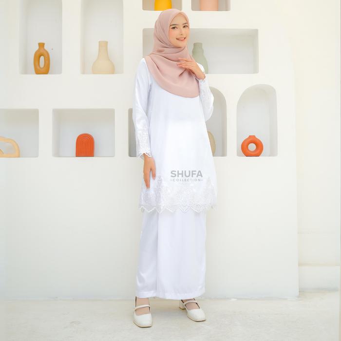 Baju Setelan Kurung Melayu Wanita Modern Brokat Renda Akad Adat Malaysia Perempuan Putih Atasan Bawa